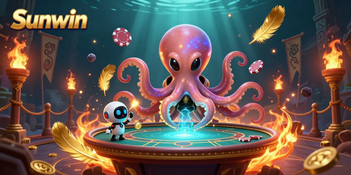 Sunwin's vibrant gambling scene showcases a holographic poker table amid swirling gold elements and exciting characters.