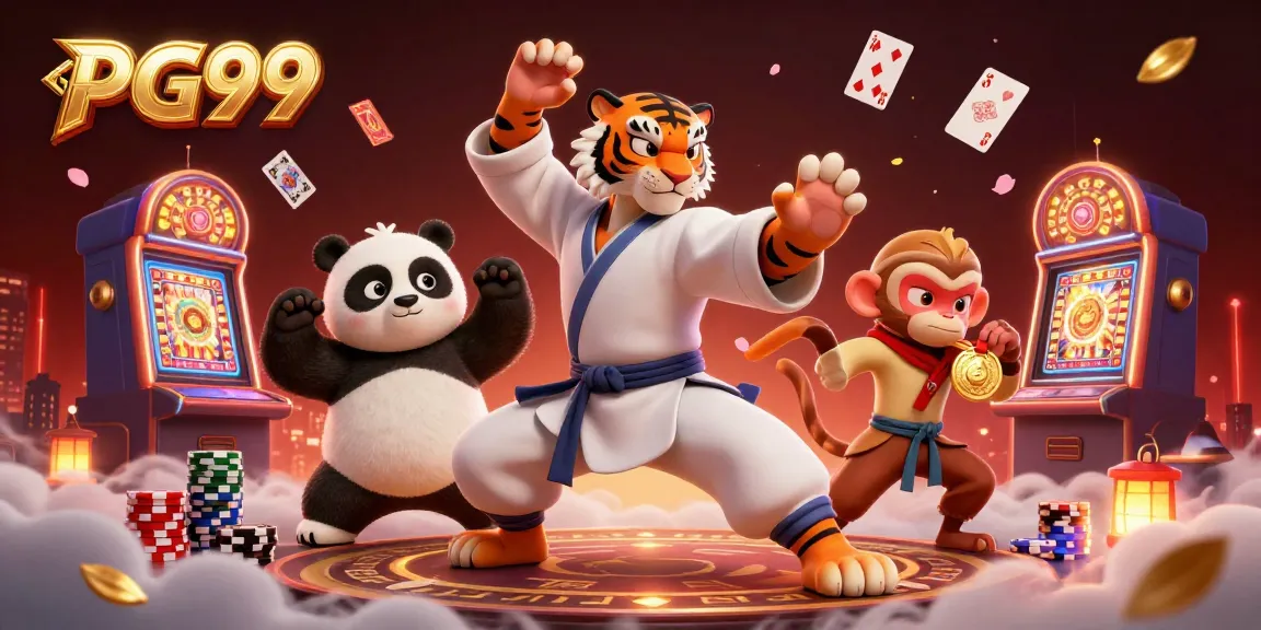 Engage with thrilling PG99 gaming, featuring a kung fu tiger master in action amidst vibrant casino elements.