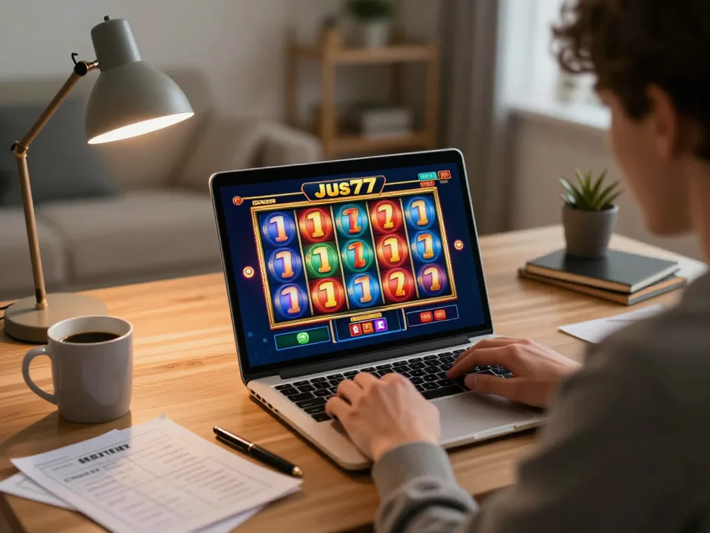 Engaged player spinning reels on Jus77's online slot game while enjoying a cozy home setup.