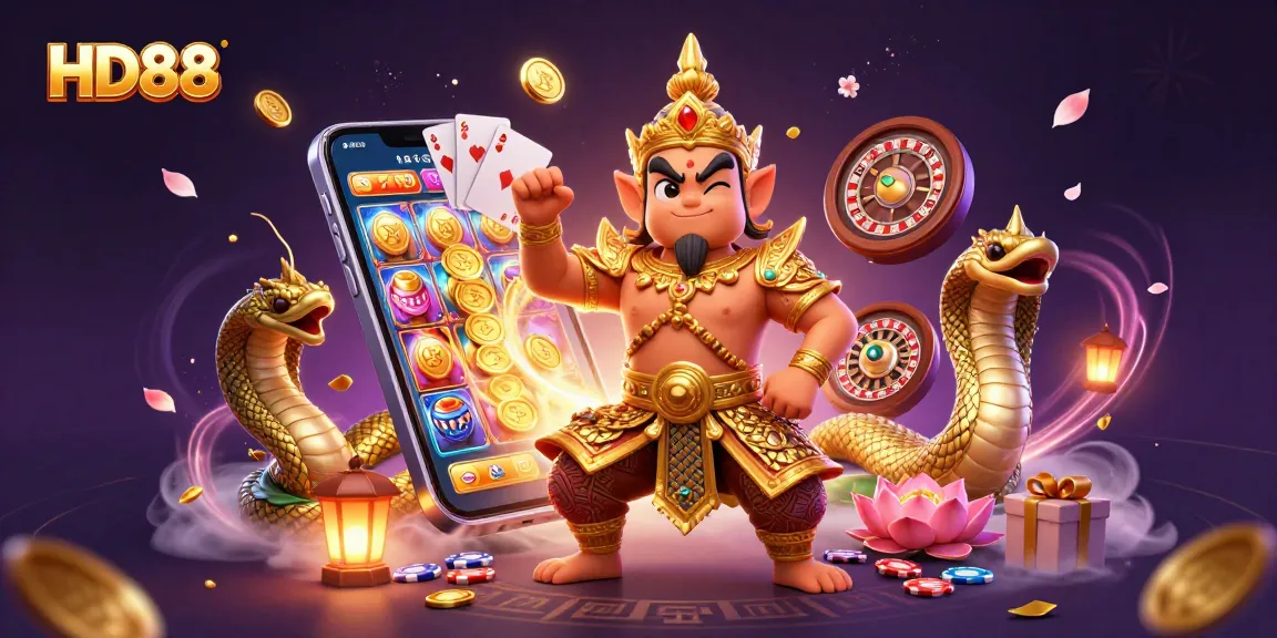 Engage with HD88's vibrant gaming scene featuring slot games, golden coins, and lively characters.
