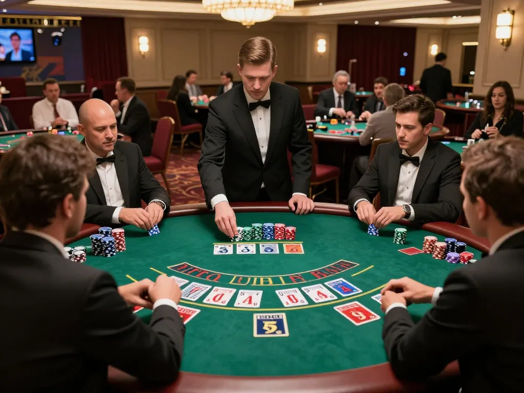 Players engaging in a high-stakes blackjack game at a TT88 casino table, intense atmosphere and dealer managing bets.