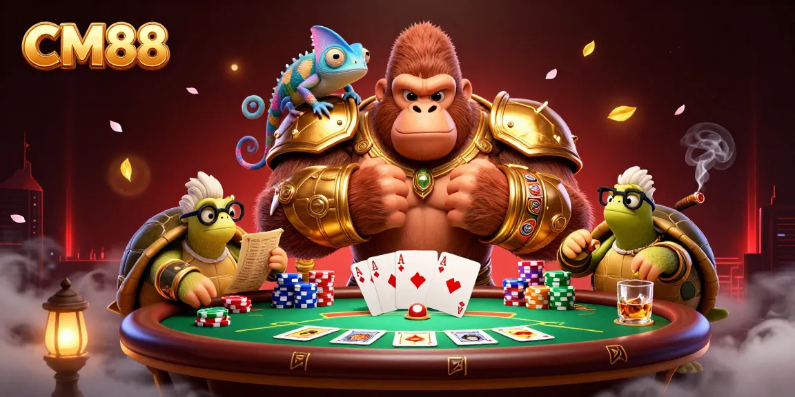 Engage in thrilling gameplay at CM88 with a dynamic 3D scene of casino characters, poker elements, and vibrant visuals.