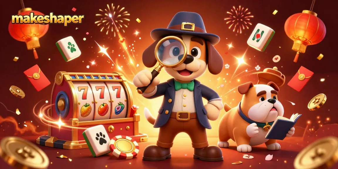 Makeshaper casino scene featuring a detective bloodhound examining a poker chip among vibrant slot elements.