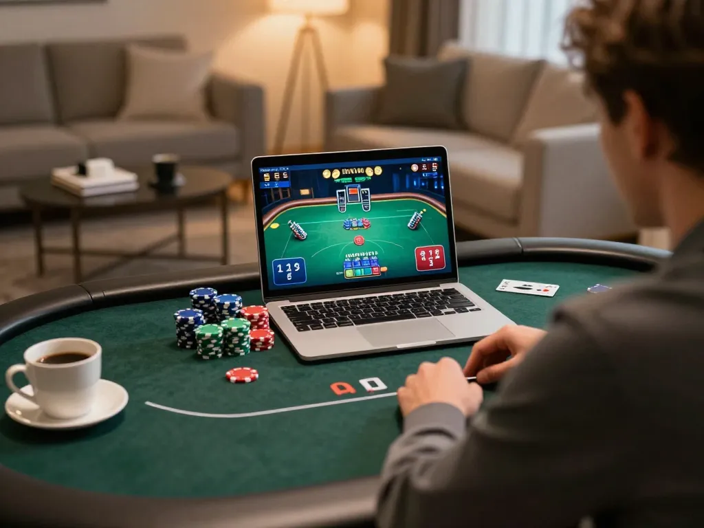 Engaging online poker game on vua88com with strategic play evident in a cozy setting