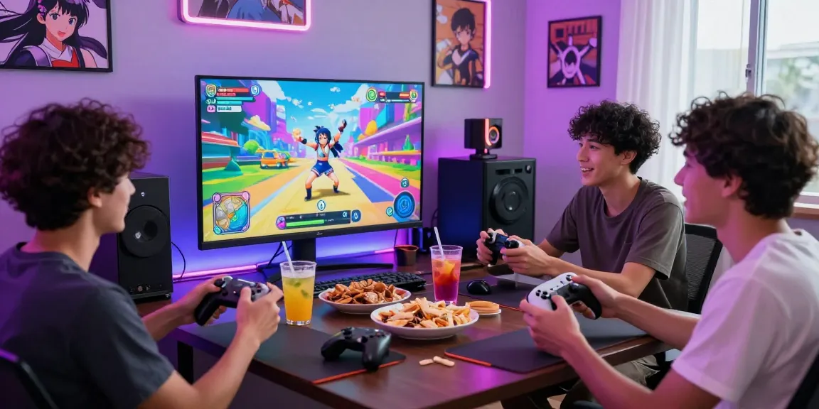 Friends enjoying vibrant hentai games in a cozy gaming room filled with snacks and colorful screen reflections.