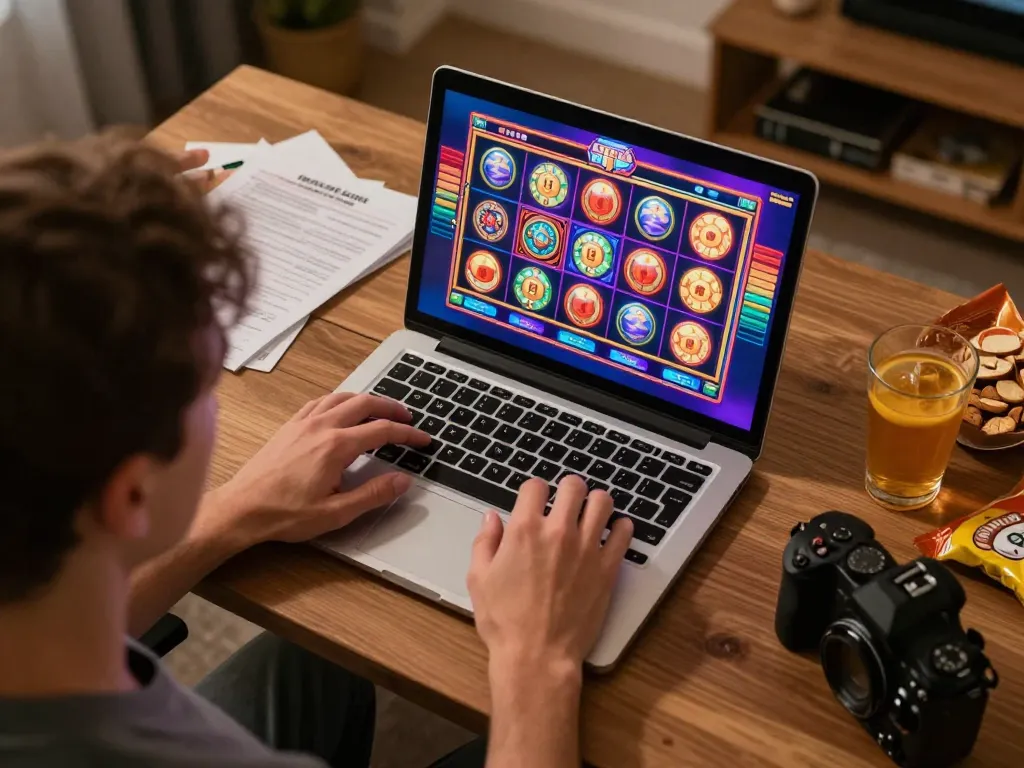 Engaging online gaming at https://shbetac.co showcasing vibrant slot games on a laptop screen.