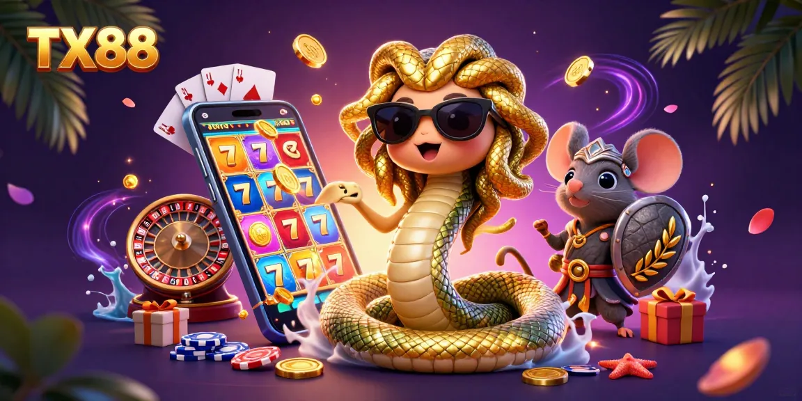 Win big at TX88 with Medusa and a warrior mouse in this vibrant casino scene!