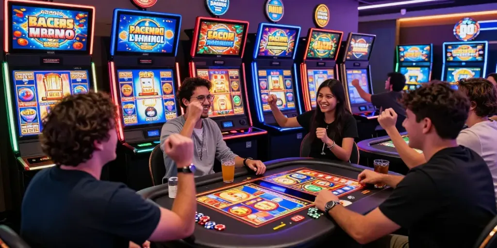 Group playing slot gacor machines in vibrant online casino atmosphere.