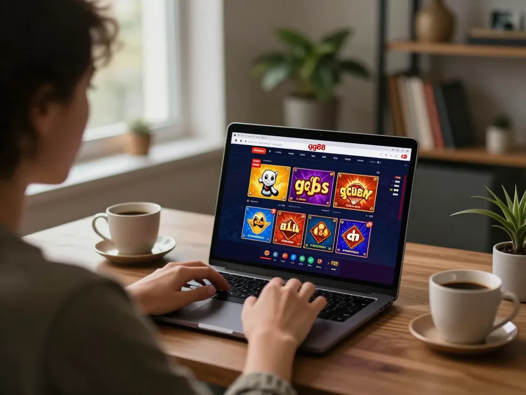 Engaging in gg88 online gaming from a cozy home setup with laptop interface visible.