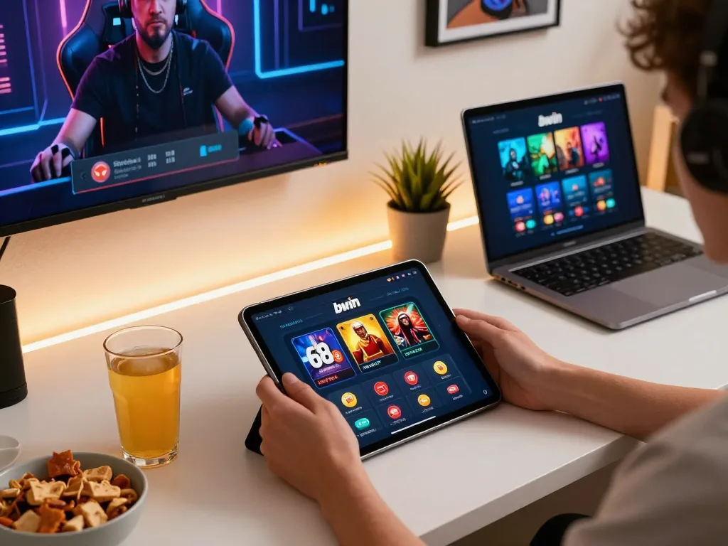 Person using 68win casino app on tablet while enjoying a relaxed online gaming session