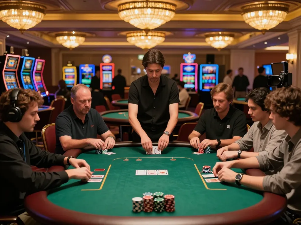 C168 poker game in progress with engaged players and warm casino ambiance.