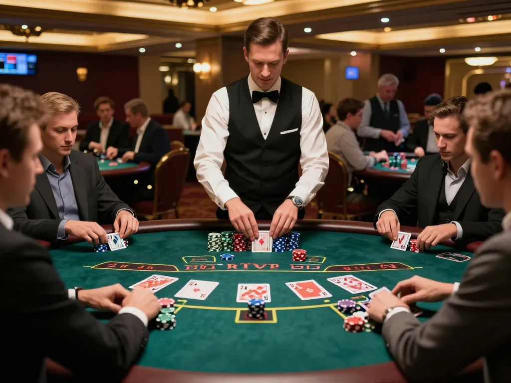 Players at O8 engaging in a thrilling blackjack game, capturing the excitement and strategy of high-stakes gambling.