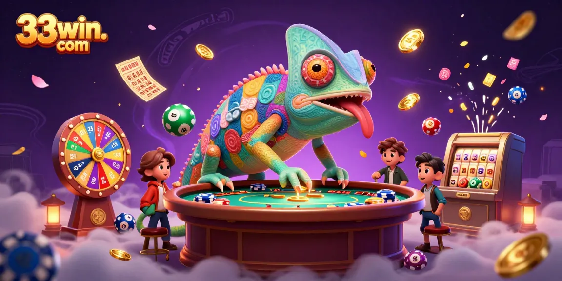 Engage with the vibrant excitement of 33win. com, featuring a colorful chameleon owner in a dynamic casino scene.