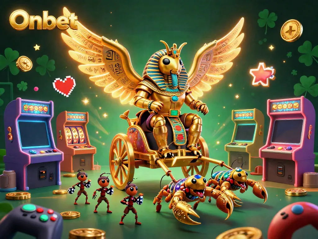 Onbet's vibrant scene featuring a golden scarab beetle with scorpions and poker chips amidst dynamic casino elements.