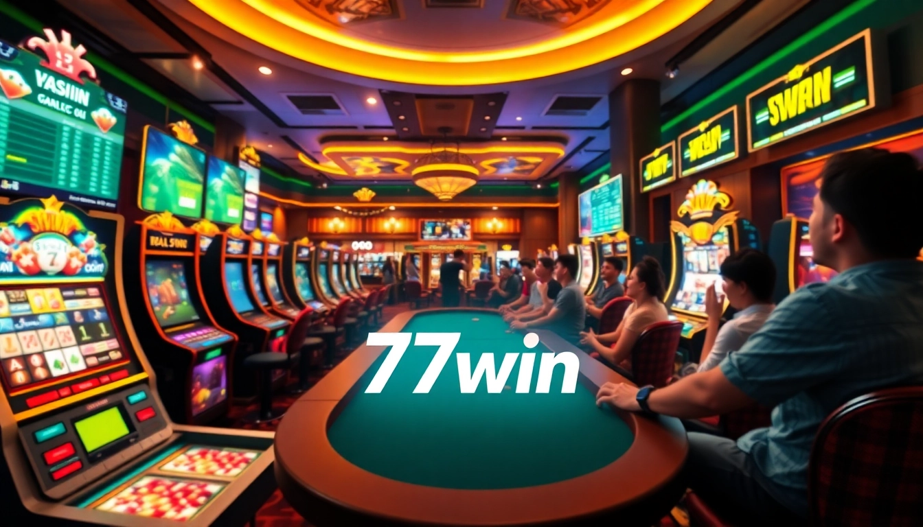 77win online gambling scene showing vibrant casino elements and engaged users in an exciting atmosphere.