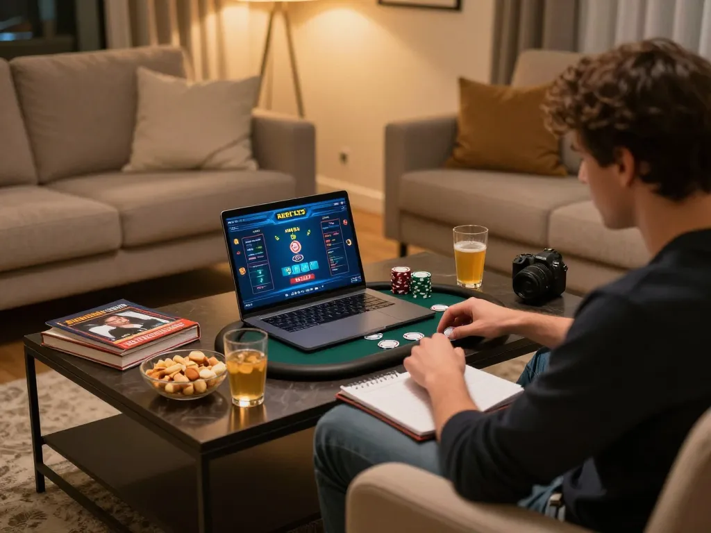 Player strategizing while using fabet platform for online poker in a cozy home setting.