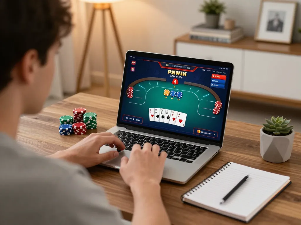 Player strategizing in an online poker game with 88aa. on their laptop in a cozy home setting