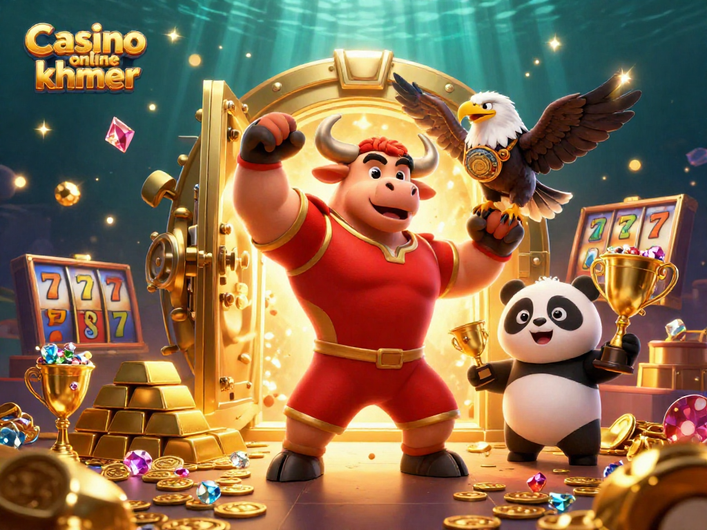 Casino online khmer vibrant scene showcasing gaming excitement with a bull mascot, eagle champion, and trophy panda.