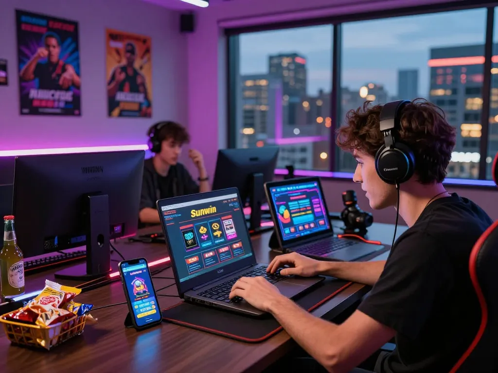 Experience link tải sunwin in an immersive gaming setup with multiple devices highlighting online betting excitement.