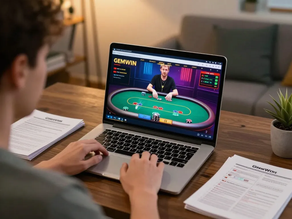 Engaging player enjoying GEMWIN online casino, showcasing poker gameplay and strategic notes in cozy home setting