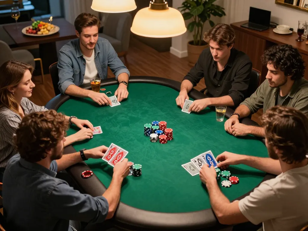 Players enjoying a thrilling poker game during a friendly gathering at home with kp88 chips stacked.