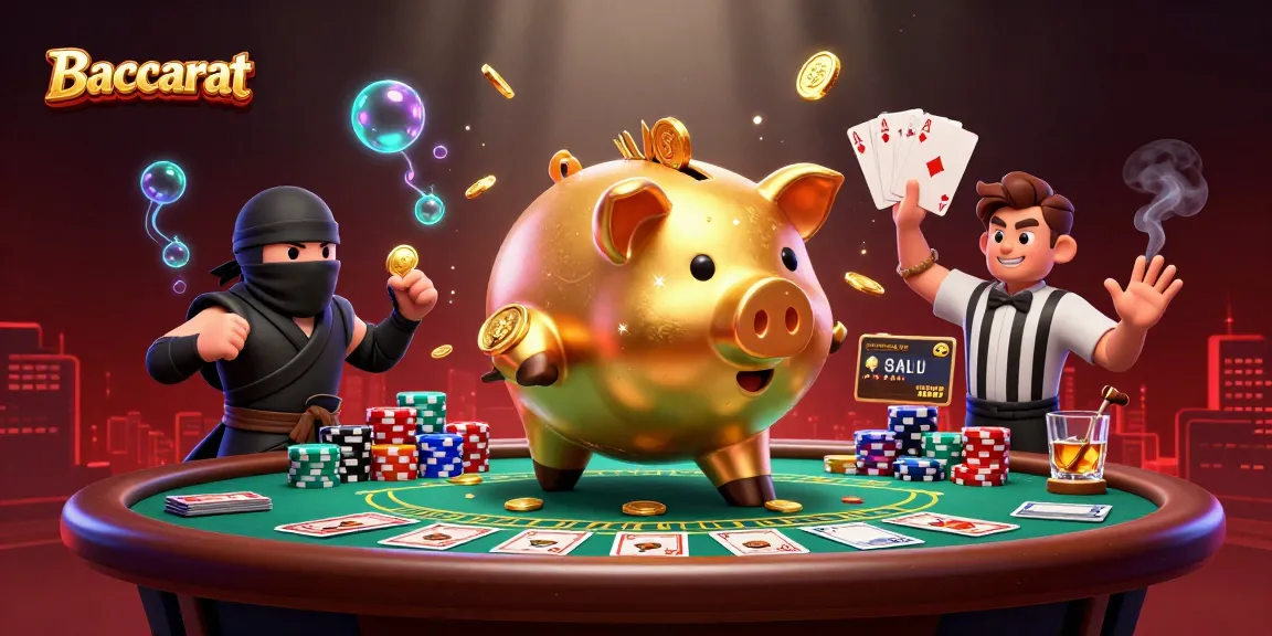 Baccarat scene with a sumo wrestler piggy bank, ninja, and samurai referee interacting over a vibrant table filled with chips and cards.
