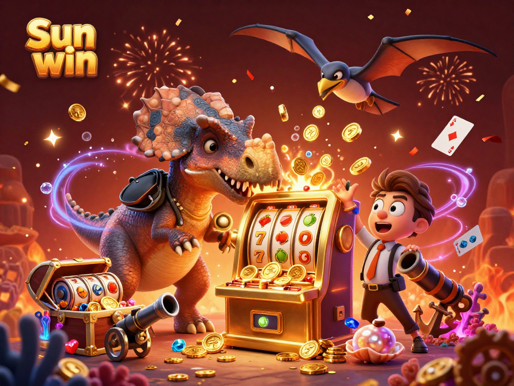 Catch jackpot coins with Sun win in this vibrant 3D casino scene featuring playful dinosaurs!
