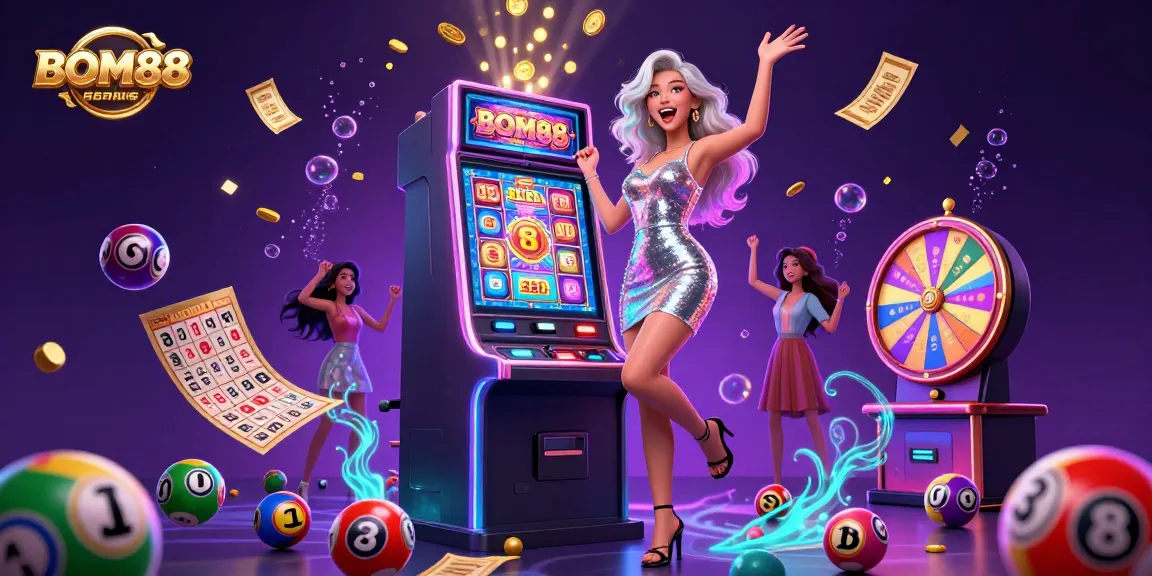 BOM88 offers thrilling slot experiences with a glamorous character celebrating a jackpot amid vibrant colors and casino elements.