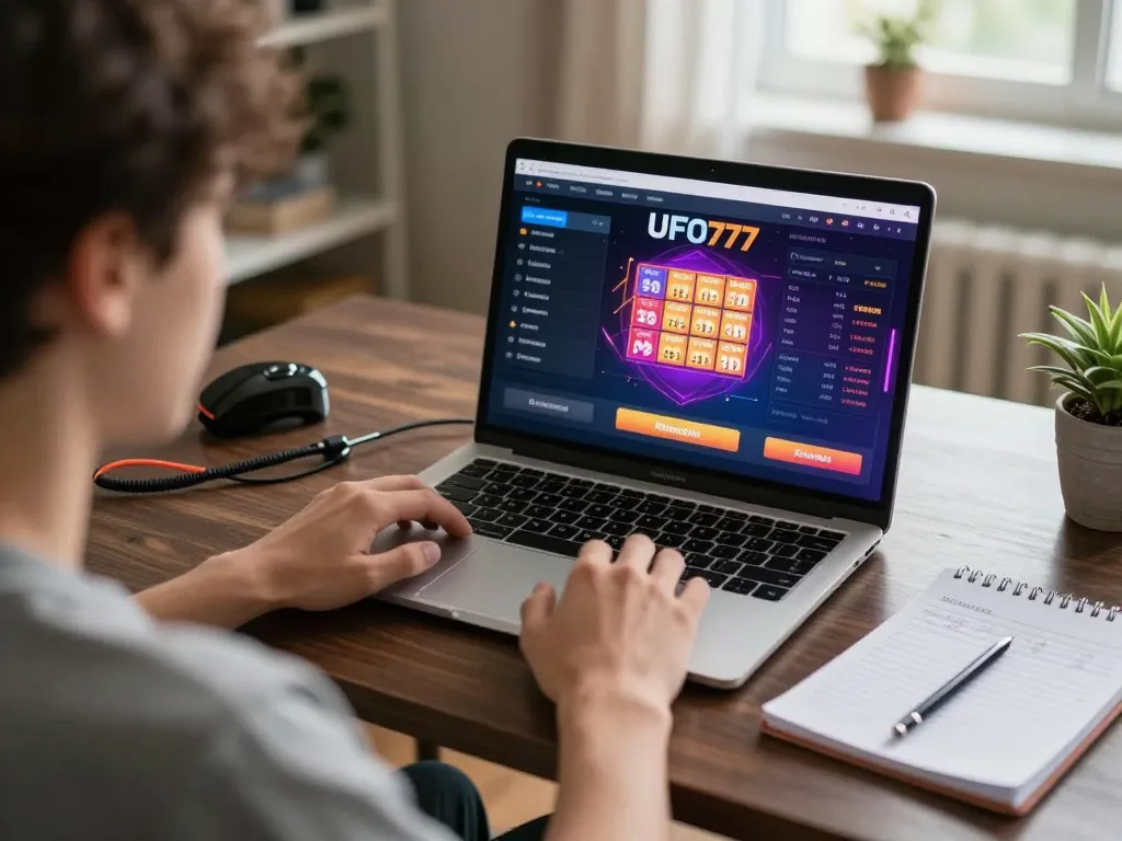 Player utilizing UFO777 to access real-time lottery data on a laptop for strategic betting.