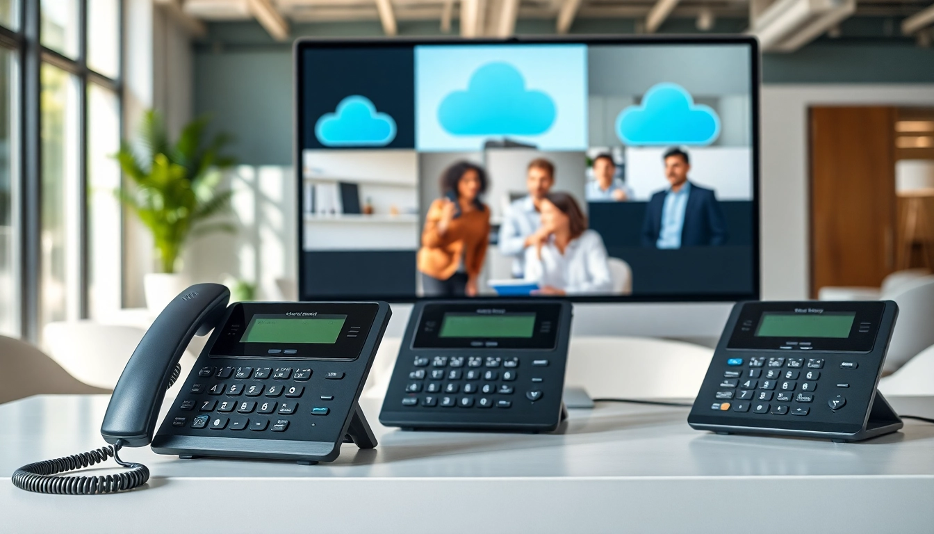 Showcasing a cloud based phone system used in a collaborative office setting with modern technology.
