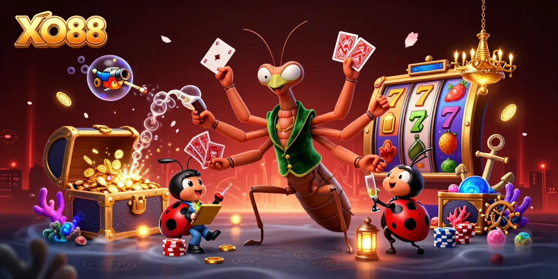 Experience the thrilling world of XO88 with a dynamic 3D cartoon illustration of a casino scene filled with action.