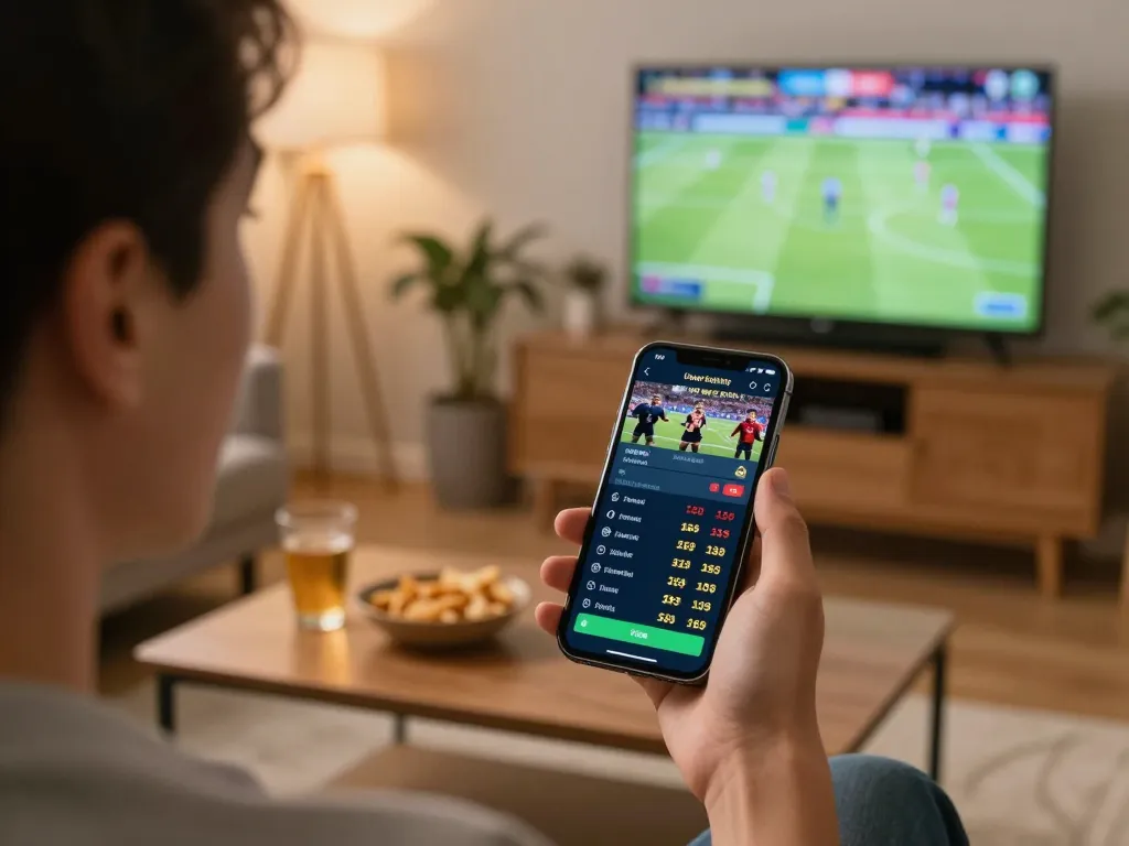KONG88 user actively placing bets on a smartphone during an exciting sports event.