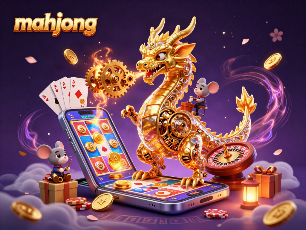 Engage with mahjong-themed excitement in a vibrant casino illustration featuring a dragon and gaming elements.