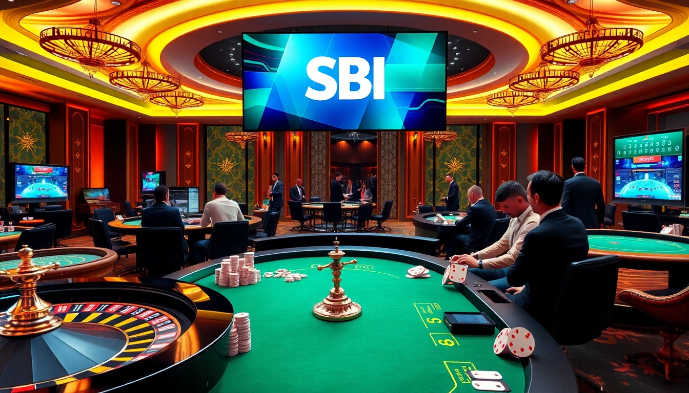Engaging scene displaying sbobet link login at a vibrant online casino, featuring poker chips and a roulette wheel.