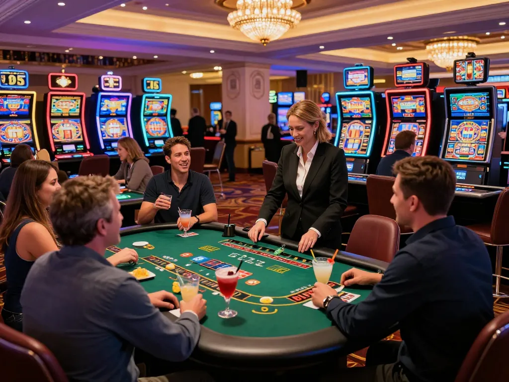 Experience the excitement of Casino NK88 with players enjoying various games in a vibrant casino atmosphere.