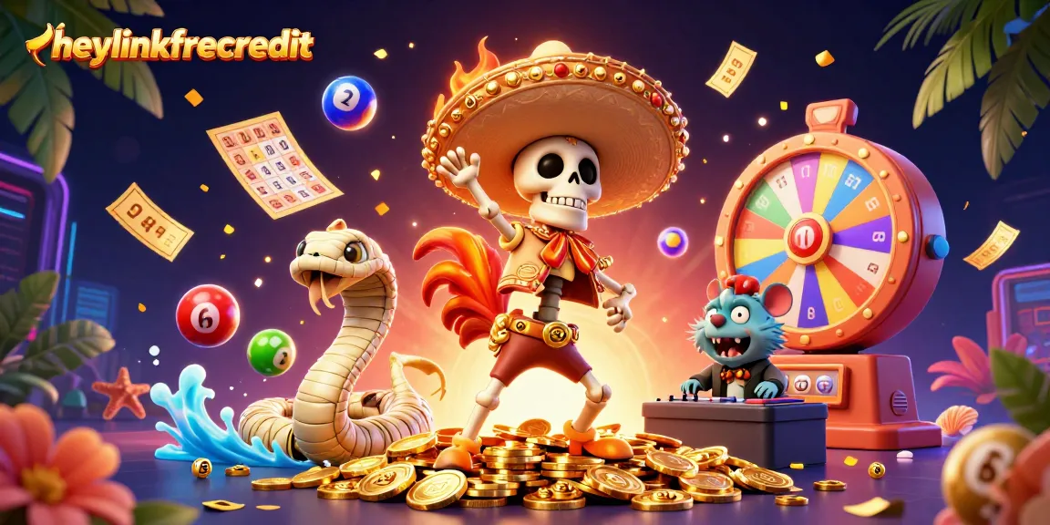 heylinkfreecredit offers winning chances with dynamic casino-themed characters on a gold coin backdrop.