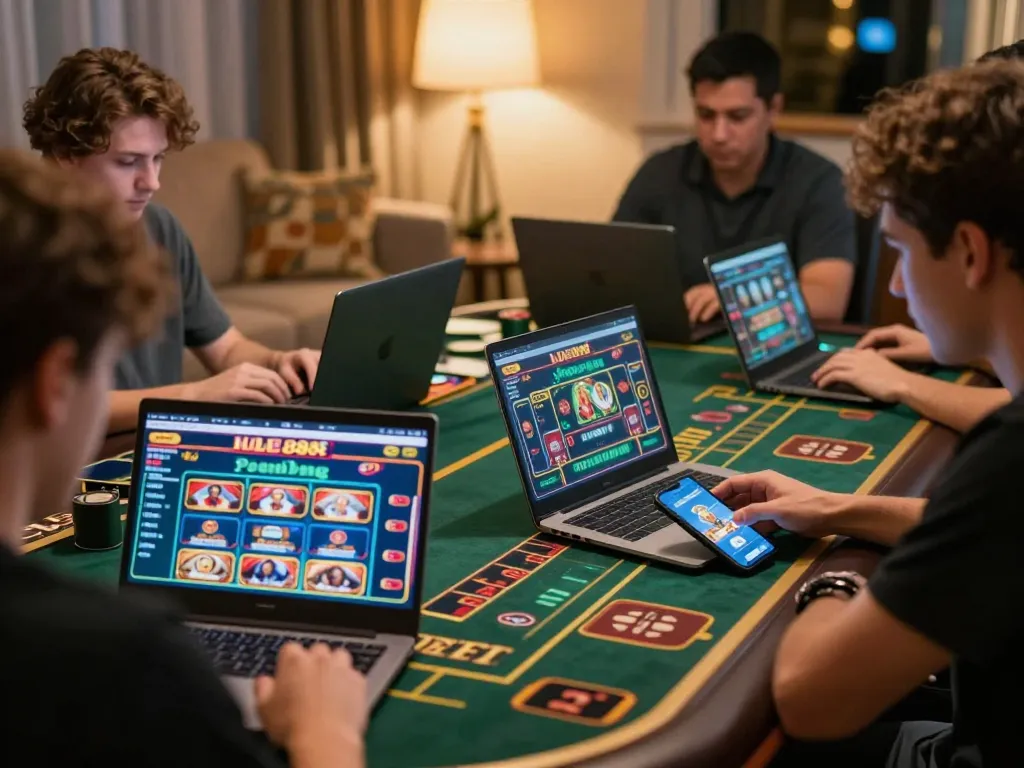 Players engaging in strategic gameplay at lode88 online casino with vibrant visuals and comfortable home setting.