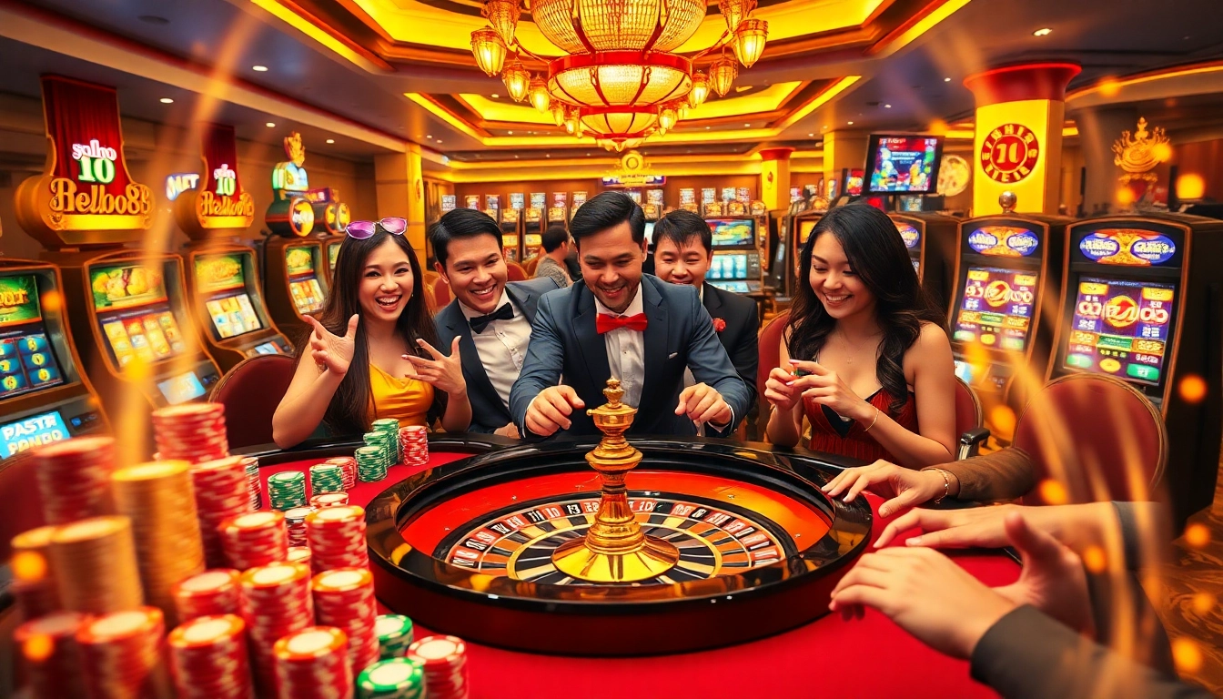 Hello88 players enjoying a thrilling game at a luxury casino table.