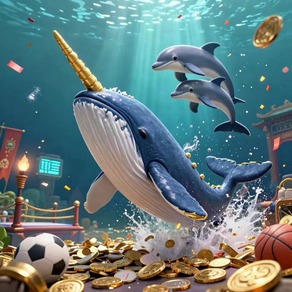 Captain whale, narwhal, and dolphins bursting through coins with sports props in a glowing underwater casino scene.