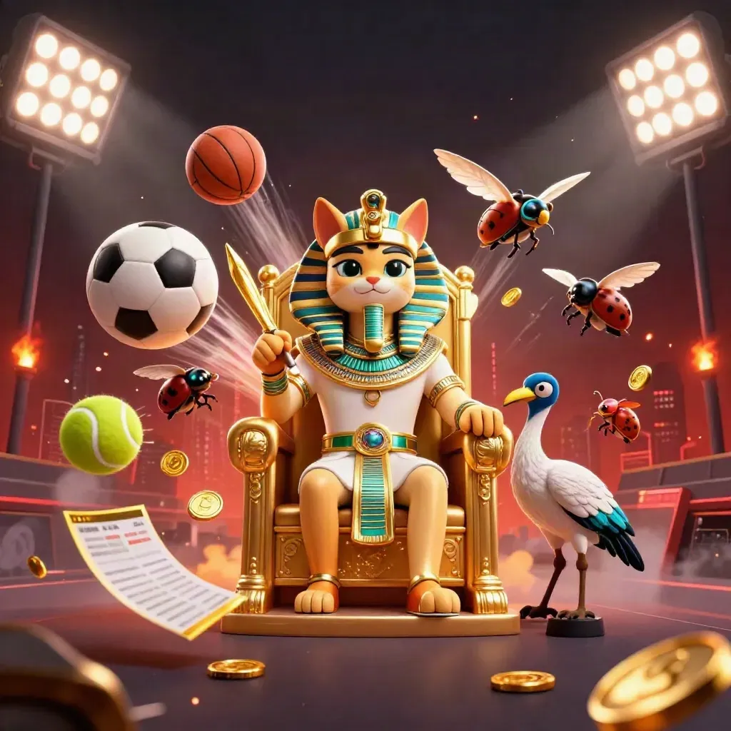 Pharaoh cat, ibis scribe, and jeweled scarabs amid flying sports balls and casino gold at night.
