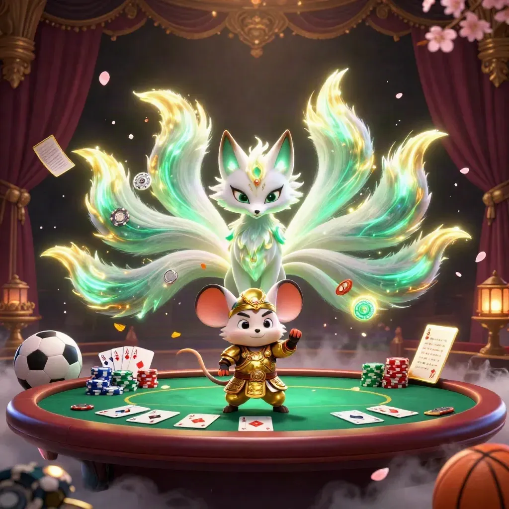 Neon fox spirit and samurai mouse amid casino cards, chips, and glowing gold-green magic.