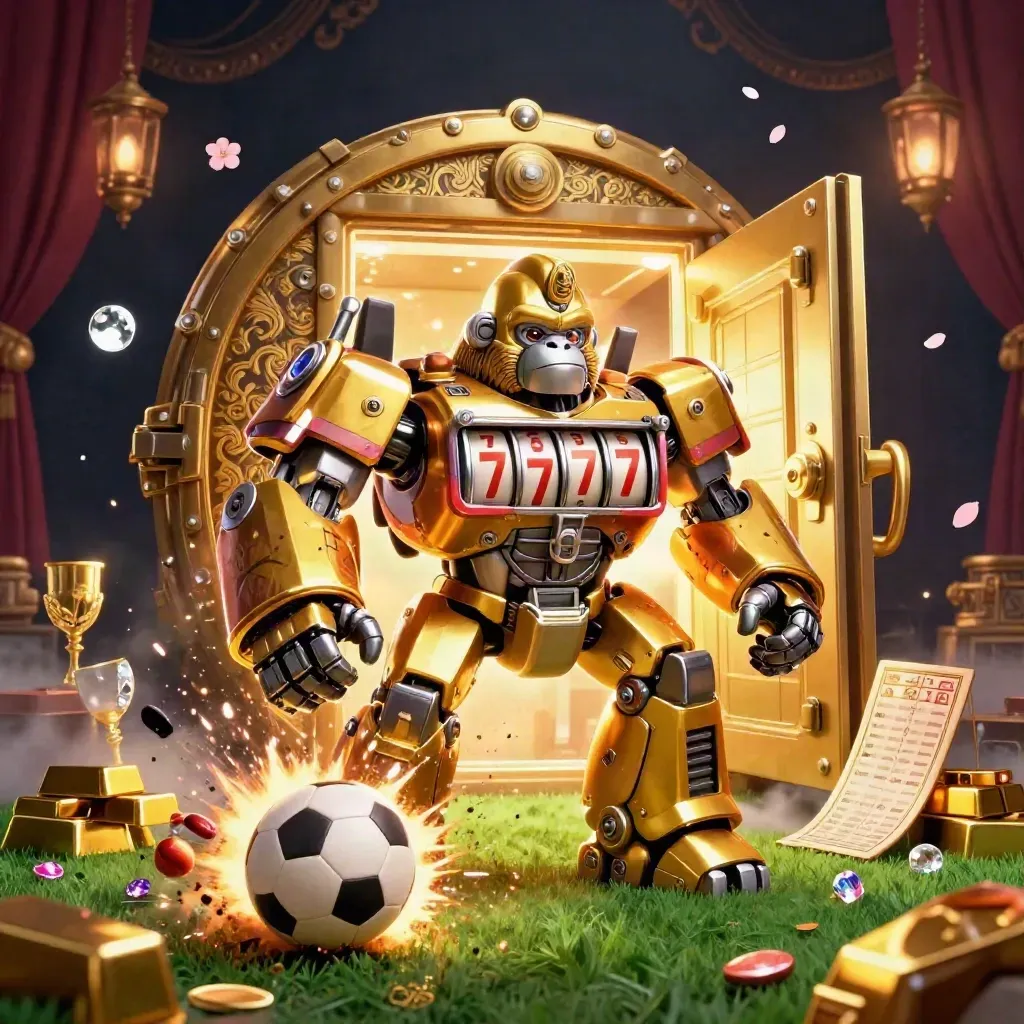Golden gorilla mech with vault loot, flying soccer ball and basketball, cinematic casino sports art.