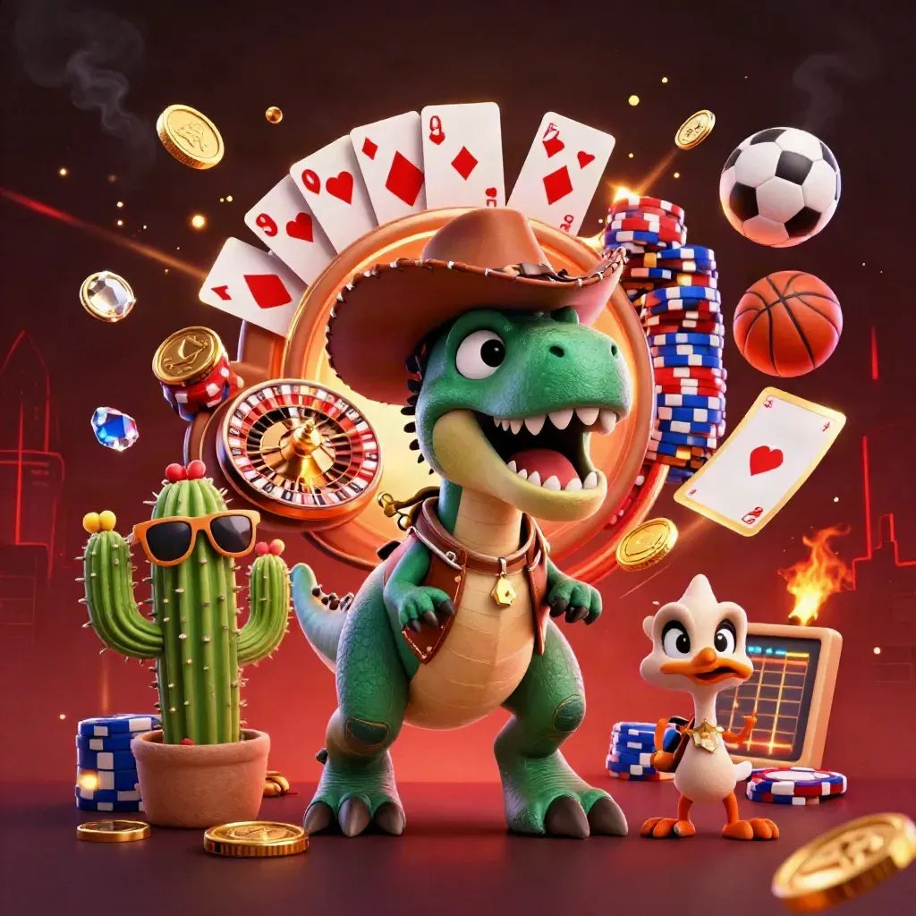 Cowboy T-Rex, cactus sidekick, and roadrunner amid casino treasures and neon light