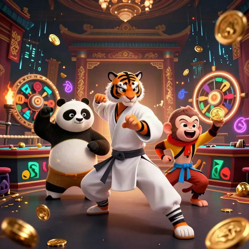Kung-fu tiger, panda, and monkey in a lavish casino-temple scene with gold light and spinning wheel
