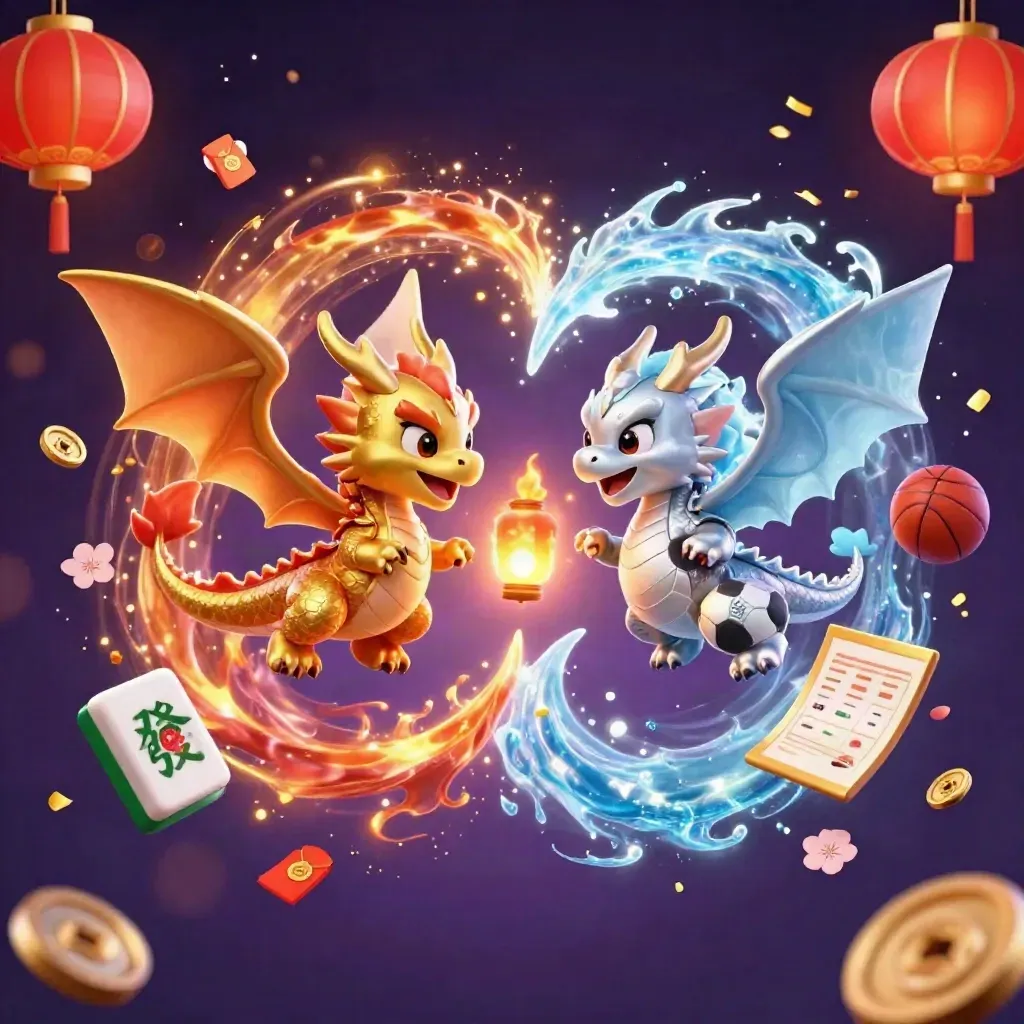 Gold and silver dragons twist with fire and ice, sports balls, lanterns, coins, petals, and sparks.