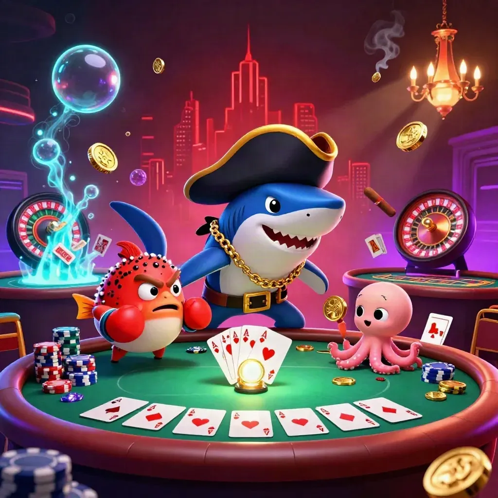Pirate shark, boxing pufferfish, and coin-juggling octopus in a neon casino room with poker props