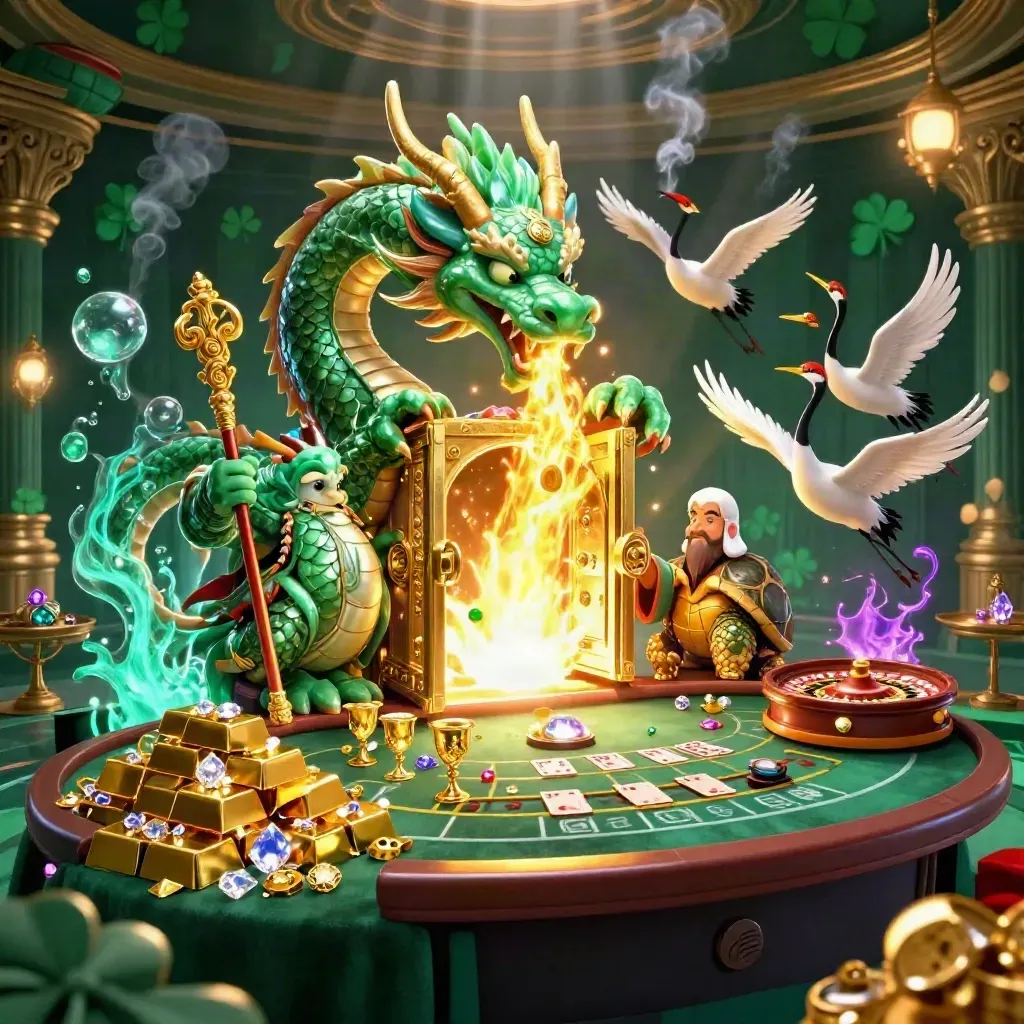 Emerald dragon, turtle sage and cranes amid a glowing vault, casino treasure and neon light.