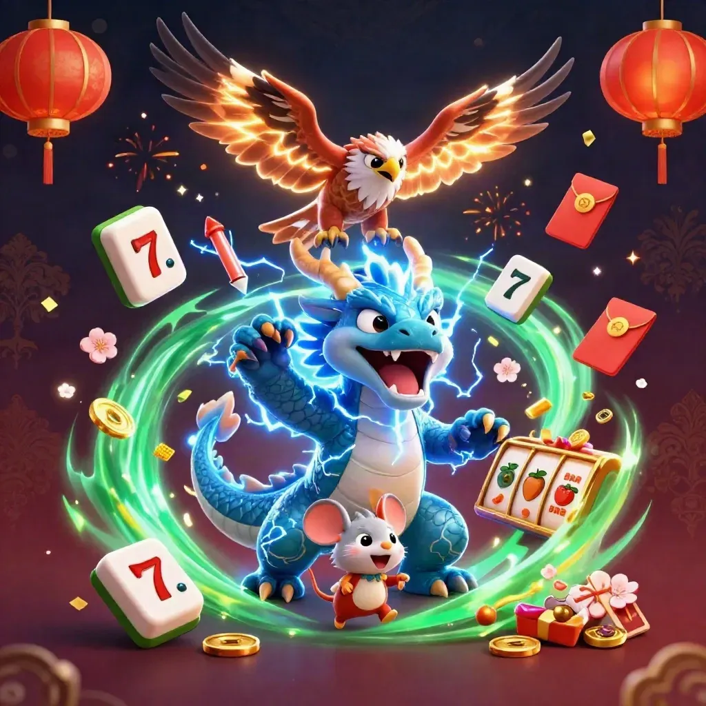 Thunder dragon, wind hawk and static mouse amid casino treasure, lanterns and lightning.
