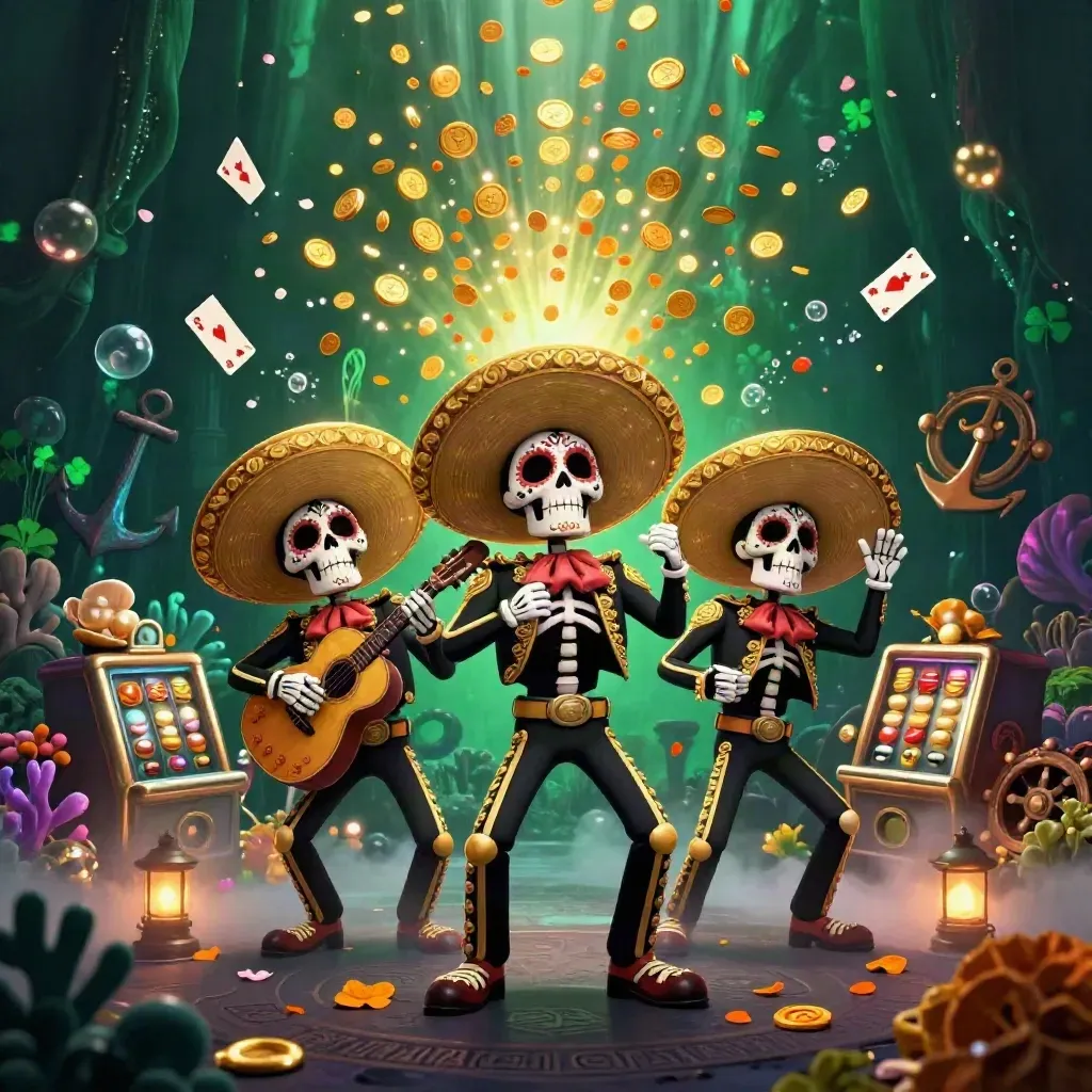 Day-of-the-Dead skeleton mariachi trio amid underwater treasure, coins, coral, and glowing casino fantasy