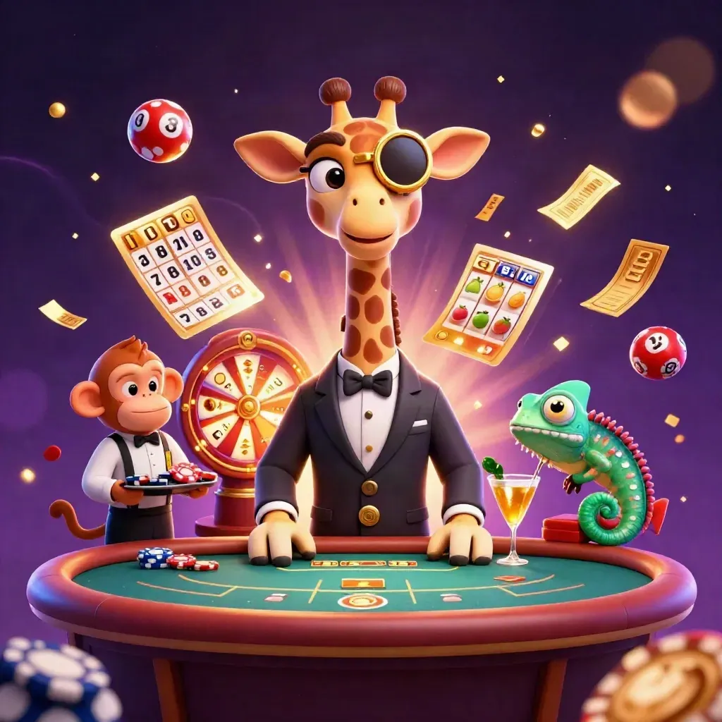 Giraffe, monkey, and chameleon casino heroes amid jackpots, reels, and golden sparks